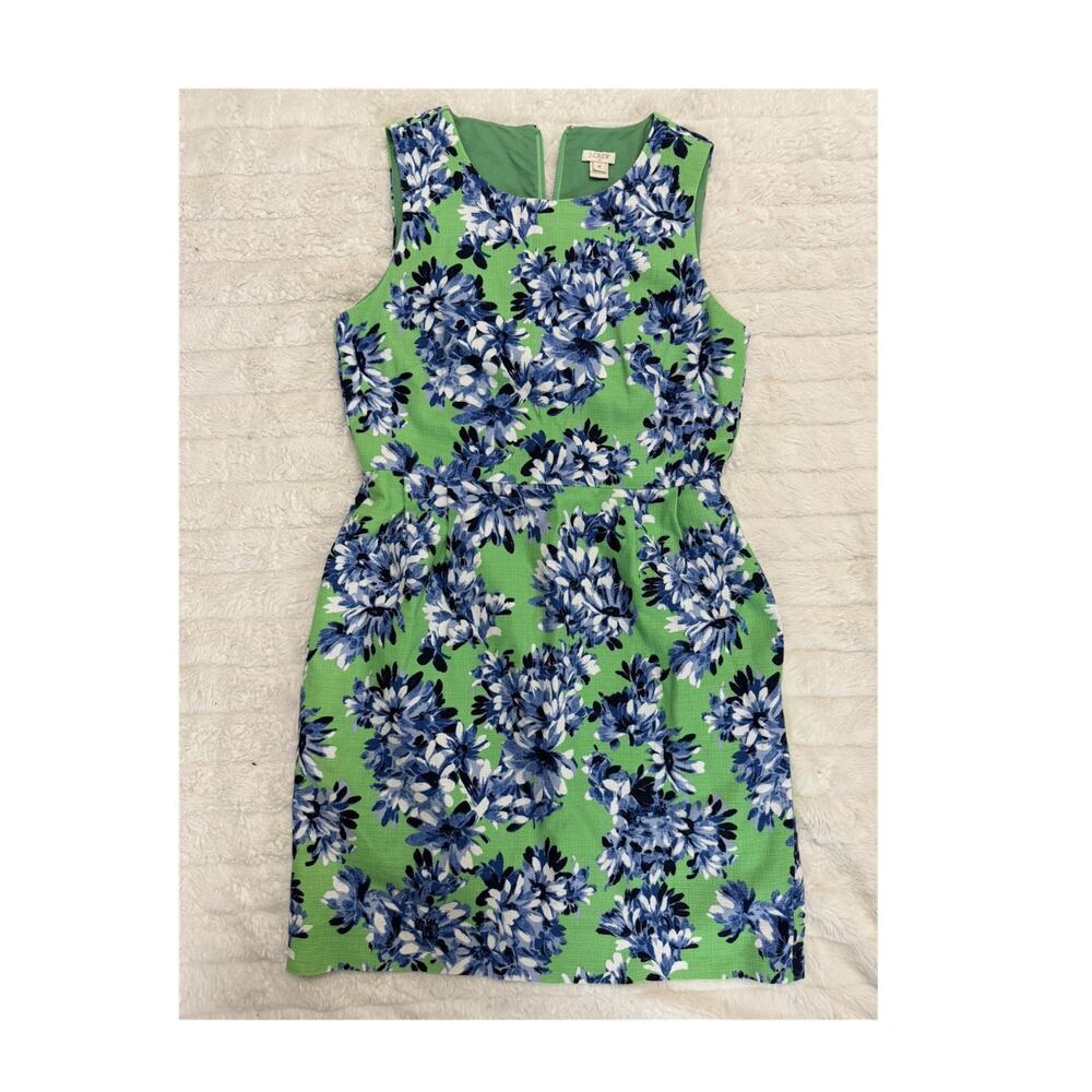 J.CREW Green Blue White Floral Sleeveless Sheath Dress Scoop Neck Knee Size 8